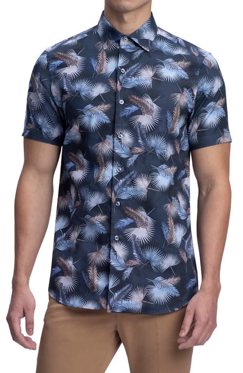 Bugatchi Classic Fit Palm Print Short Sleeve Button-Up Shirt in Midnight at Nordstrom, Size Small