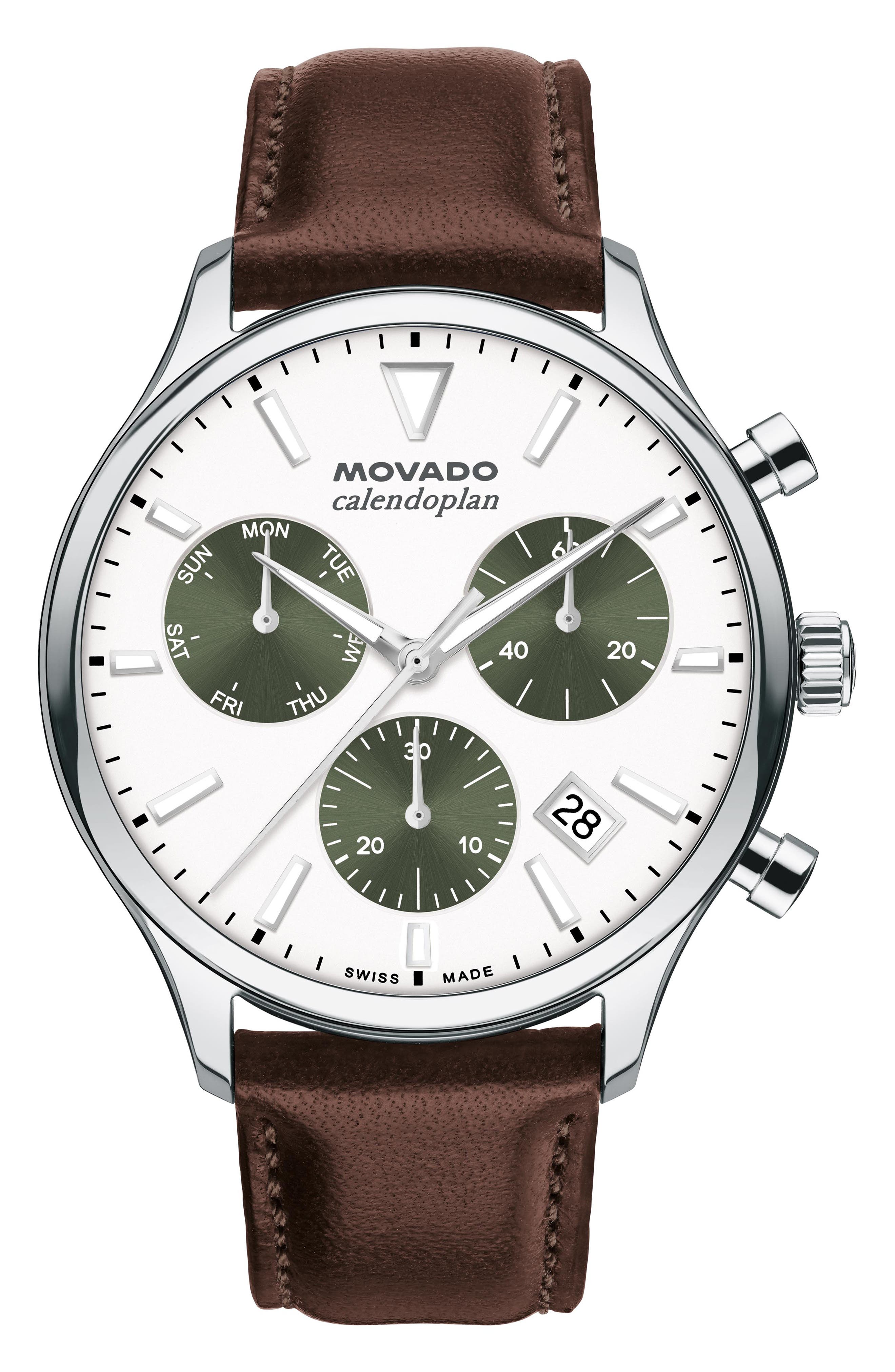 Movado Calendoplan Chronograph Leather Strap Watch, 43mm in White 