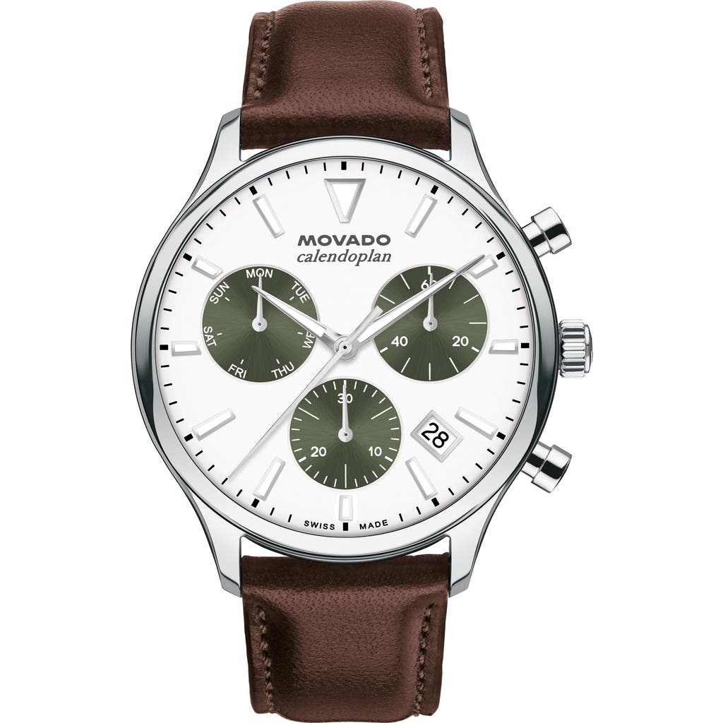 Movado Calendoplan Chronograph Leather Strap Watch, 43mm in White