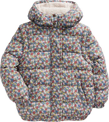 Mini Boden Kids Print Puffer Jacket with High Pile Fleece Lining