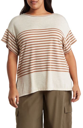 Shop Max Studio Stripe Short Sleeve Top In Ivory/beige