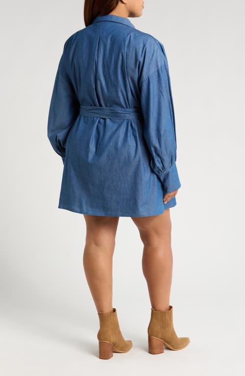 Shop Ciebon Belted Long Sleeve Cotton Chambray Shirtdress In Blue