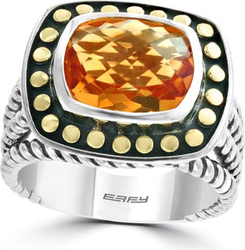 18K Gold & Sterling Silver Cushion Citrine Ring - Size 7