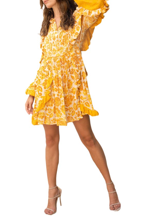 Barok Paris Floral Ruffle Long Sleeve Dress In Dark Yellow
