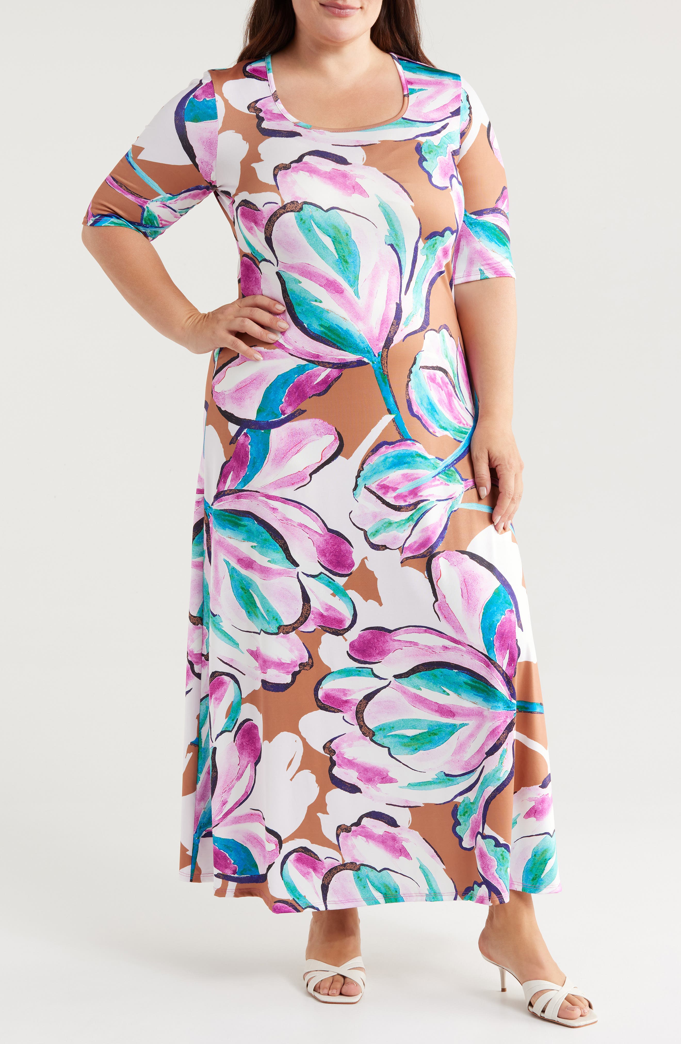 24seven Comfort Apparel Floral Elbow Sleeve Maxi Dress | Nordstrom