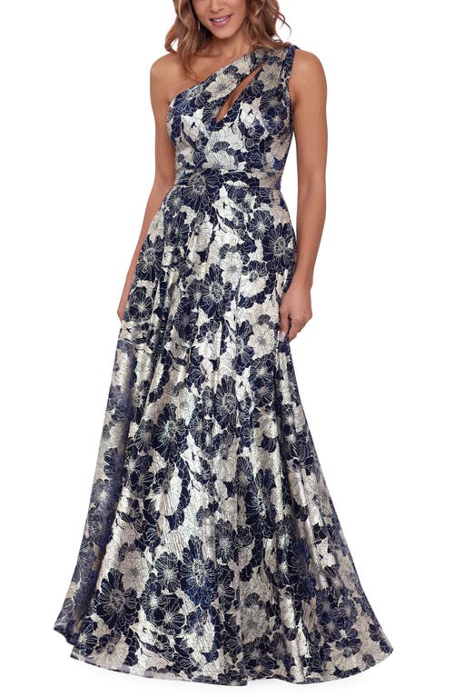 Betsy & Adam Metallic Floral One-shoulder Gown In Blue