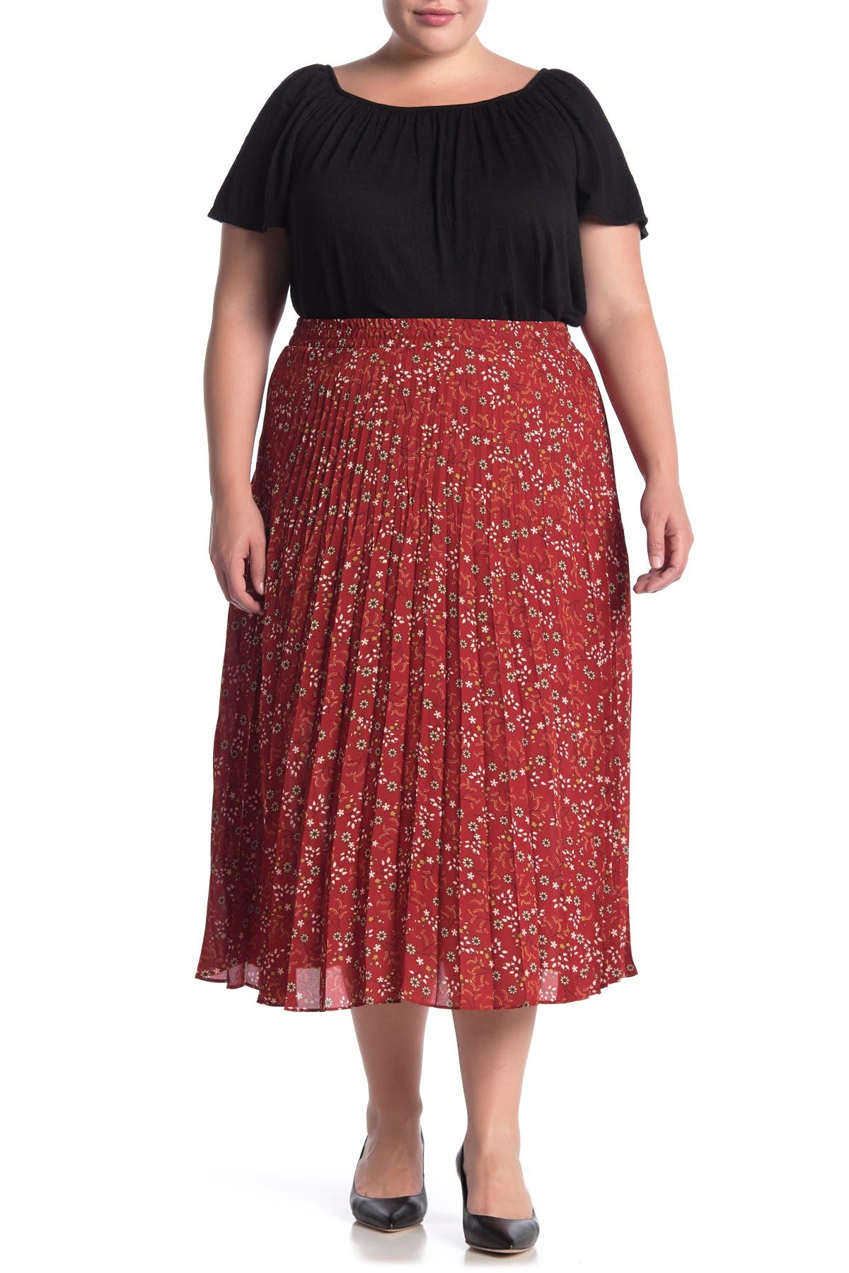 red pleated maxi skirt