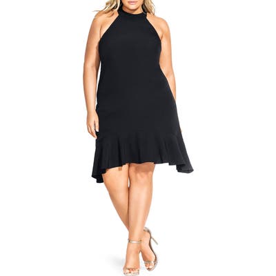 Plus Size City Chic Halter Neck Ruffle Hem Dress, Black
