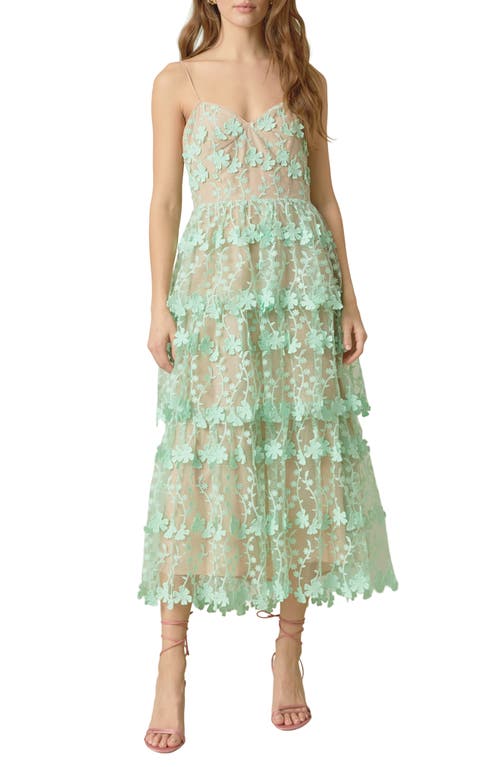 Floral Embroidered Tiered Lace Midi Dress in Green