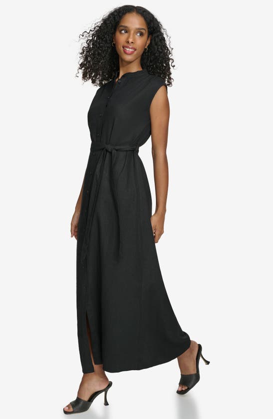 Shop Calvin Klein Sleeveless Linen Blend Maxi Shirtdress In Black