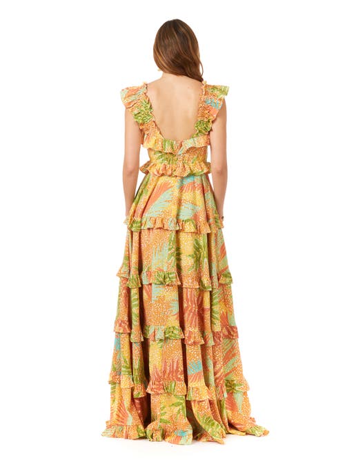 Shop Lara New York Ruffle Printed Gown With Straps In Yellowprint