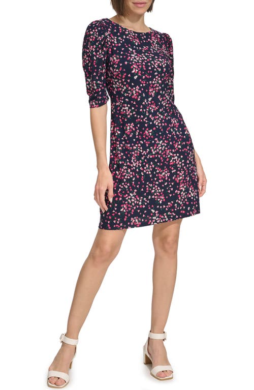 Shop Tommy Hilfiger Ditsy Floral Ruched Sleeve Jersey Shift Dress In Sky Captain/hot Pink