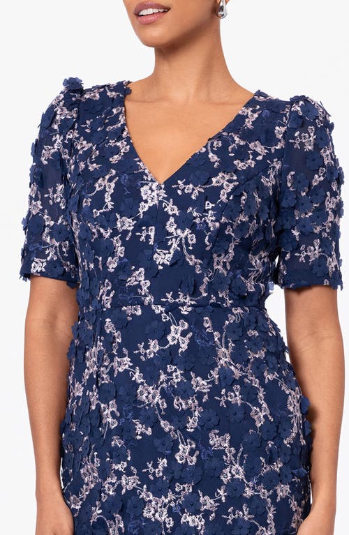 Shop Xscape Evenings Embroidered Floral Sheath Midi Dress In Navy/blush