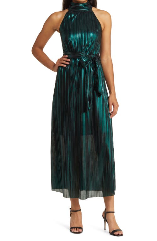 Metallic Pleated Cocktail Dress in Emerald