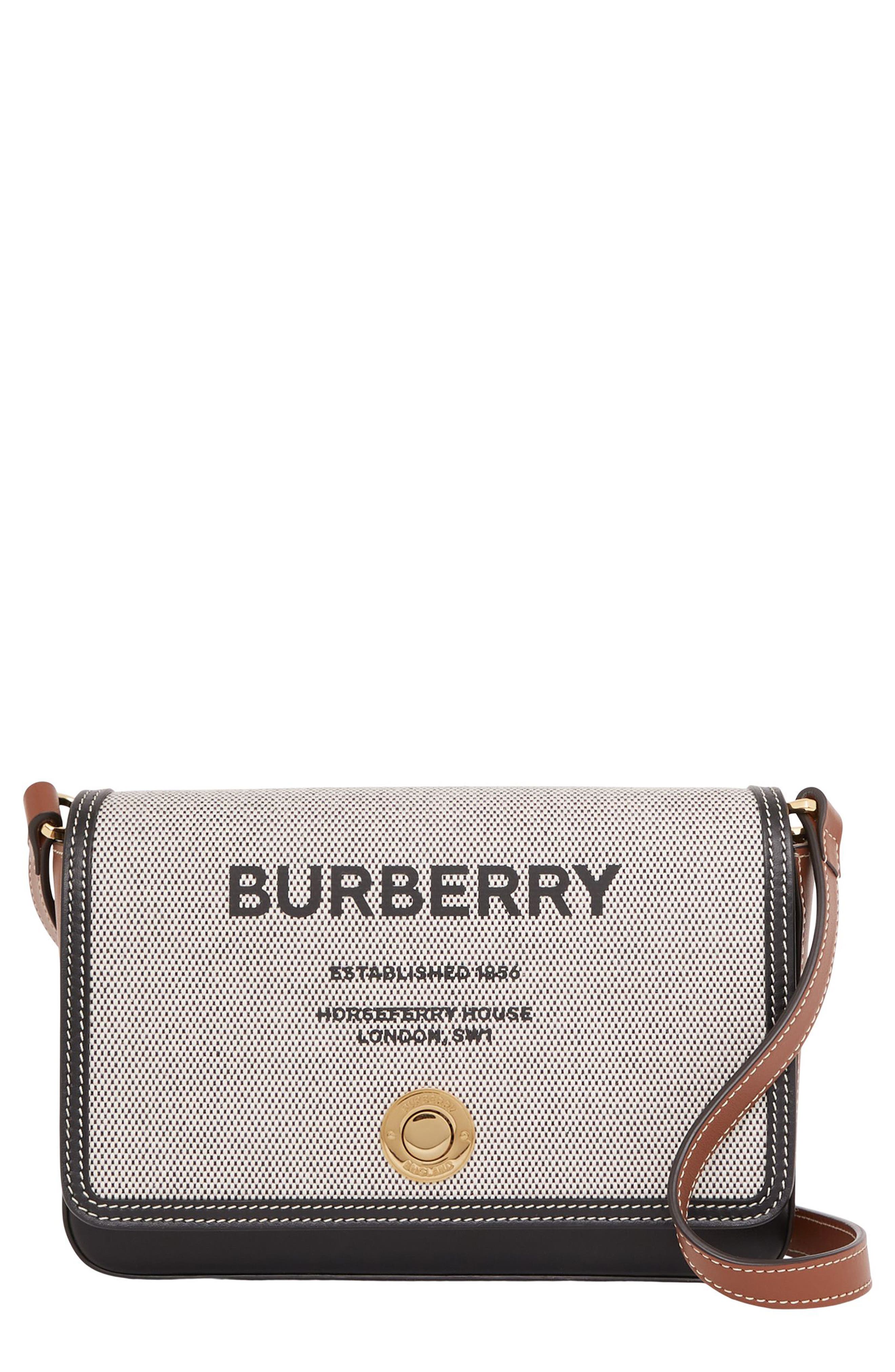 Burberry Hampshire Horseferry Logo Canvas & Leather Crossbody Bag in Black /Tan at Nordstrom