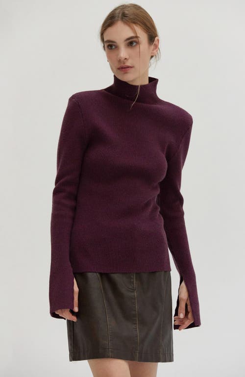 Shop Crescent Power Shoulder Turtle Neck Sweater Top In Fig