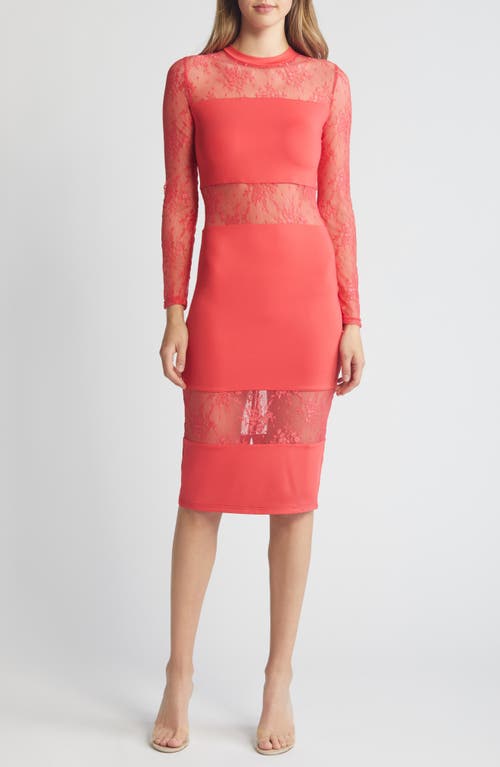 Lace Inset Long Sleeve Midi Dress in Red
