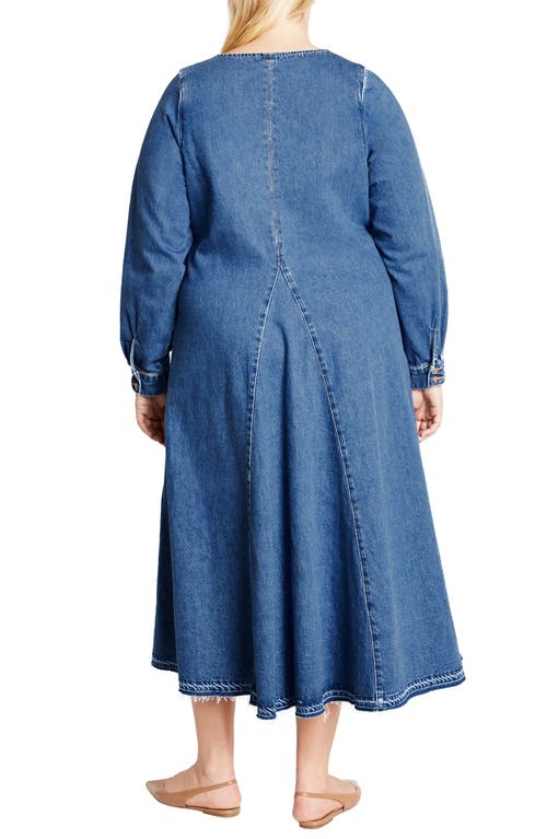 City Chic Ivy Long Sleeve Denim Midi Dress In Mid Denim