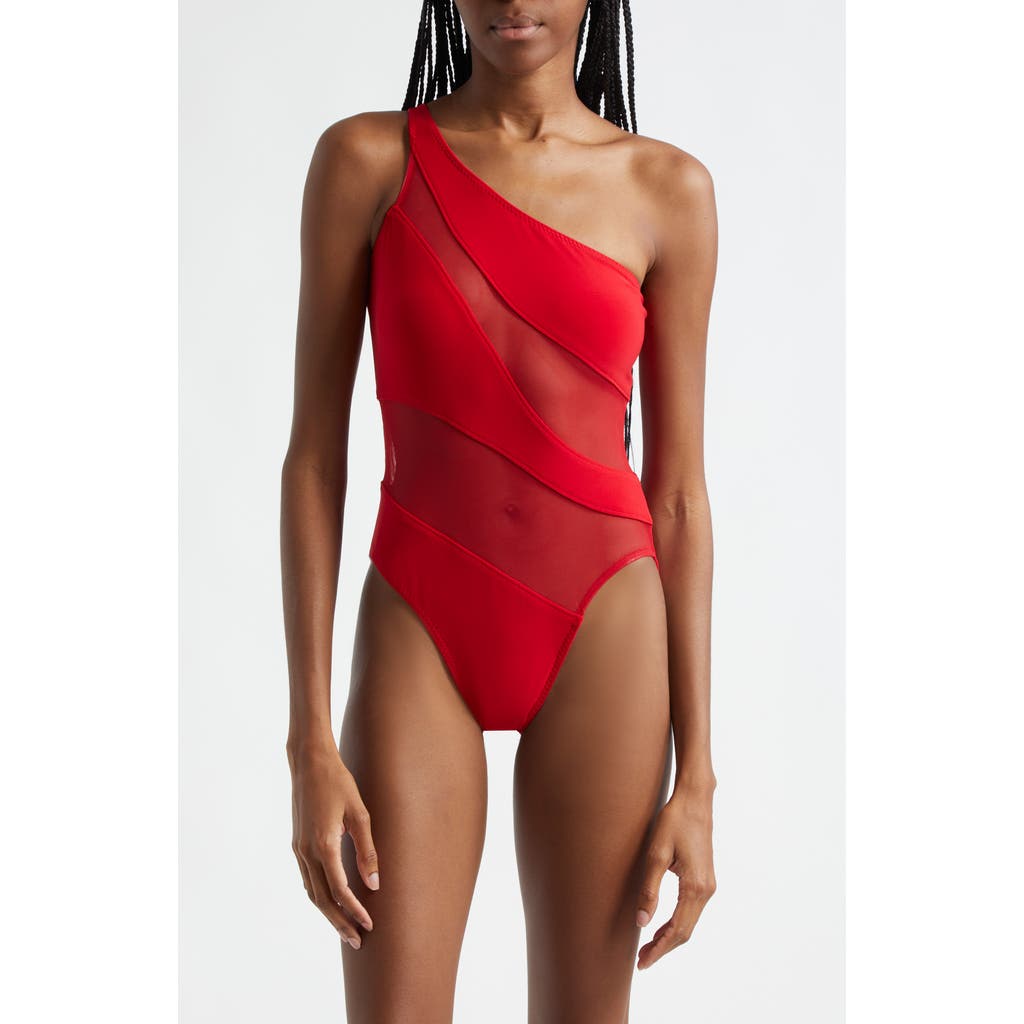 Norma Kamali Snake Mesh Inset One-shoulder One-piece Swimsuit In Tiger Red/tiger Red