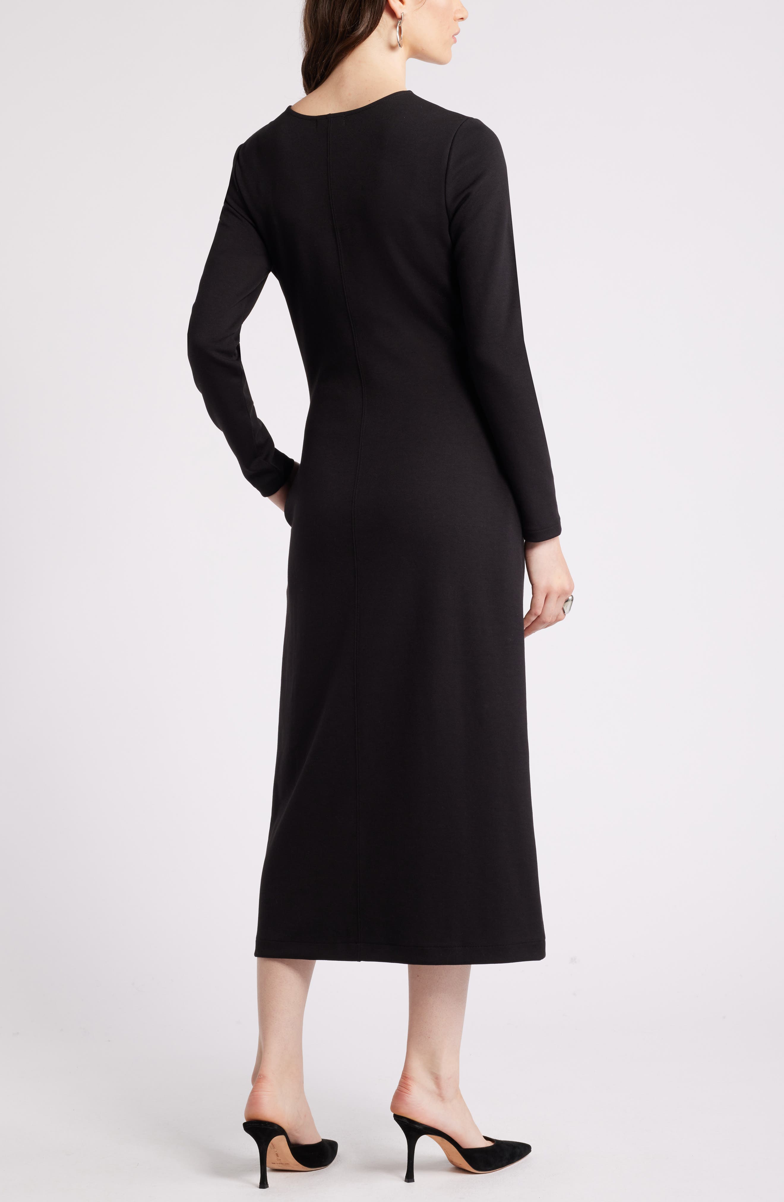 Tie Waist Notched Neck Long Sleeve Dress