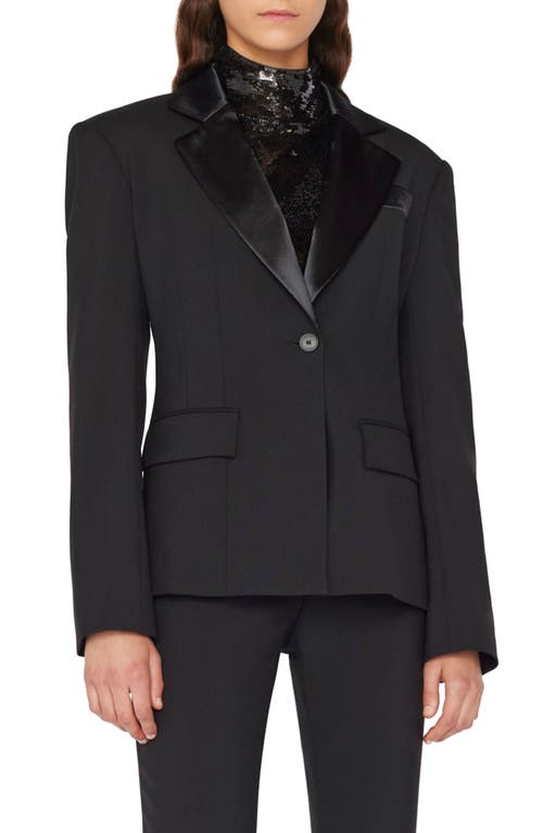 FRAME Single Breasted Virgin Wool Tuxedo Jacket in Noir