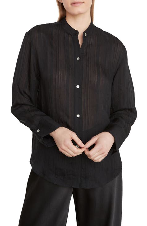 Drapey Stripe Band Collar Button-Up Shirt