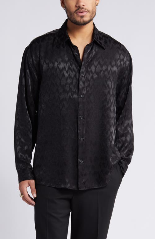 Jacquard Stretch Satin Button-Up Shirt in Black