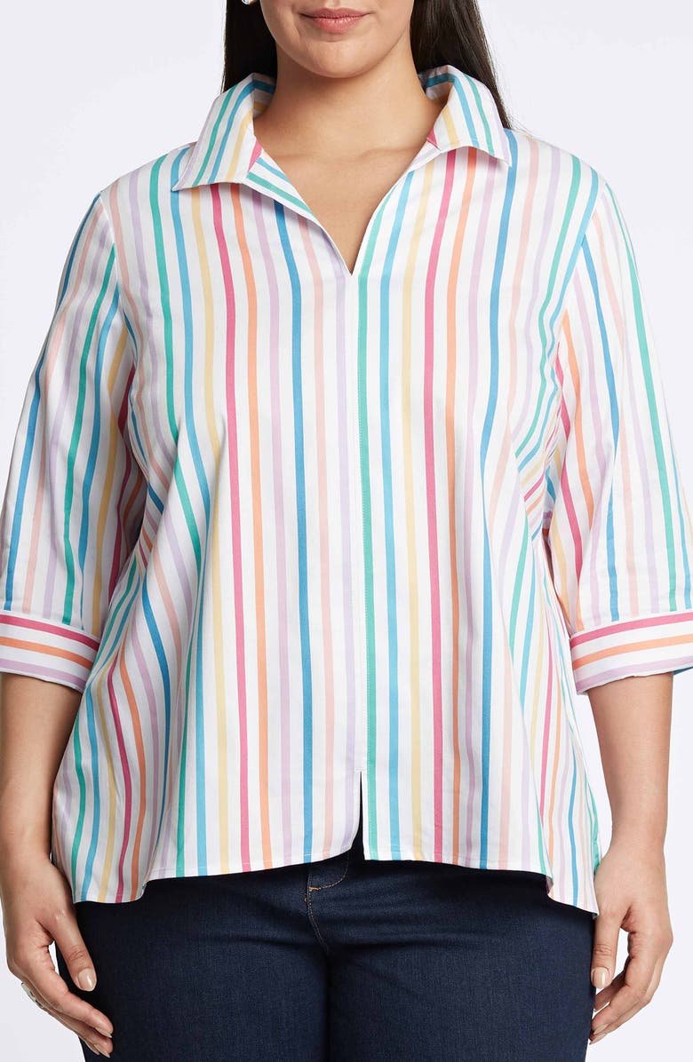 Foxcroft Agnes Rainbow Stripe Three-Quarter Sleeve Cotton Popover Top ...