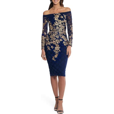 Xscape Embroidered Off The Shoulder Long Sleeve Cocktail Dress, Blue