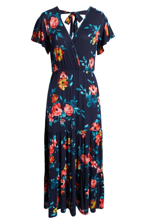 Shop Loveappella Floral Tiered Faux Wrap Knit Maxi Dress In Navy/coral