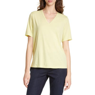 Petite Eileen Fisher V-Neck Organic Cotton Tee, Green