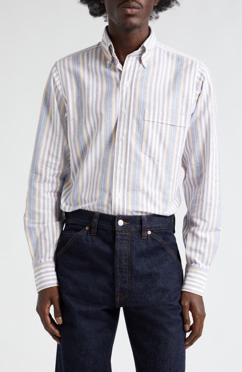 Shop Drake's Stripe Oxford Button-down Shirt In Purple/yellow/brown