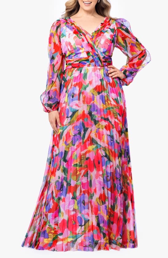 Betsy & Adam Pleated Long Sleeve Maxi Dress In Pink Multi