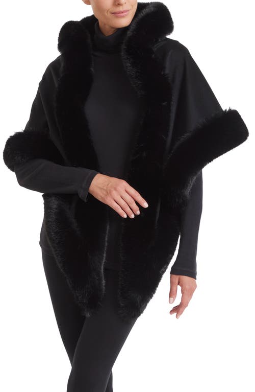 Faux Fur Trim Cashmere Wrap in Black