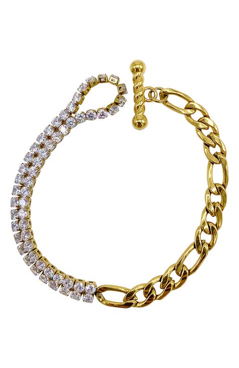 Half and Half Water Resistant Figaro Chain Crystal Bracelet