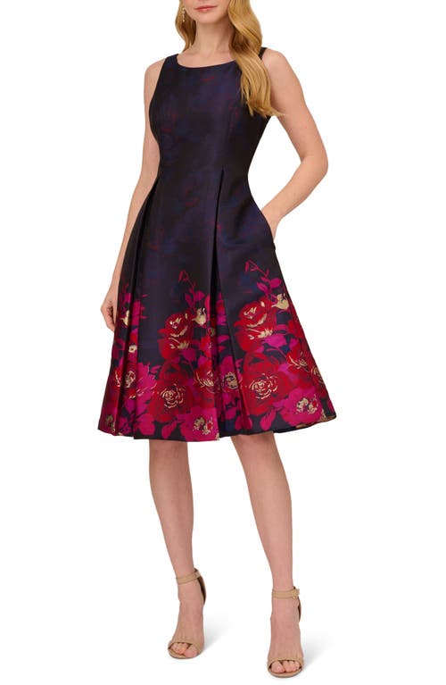 Shop Adrianna Papell Border Jacquard Pleated Sleeveless Fit & Flare Dress In Navy/pink Multi