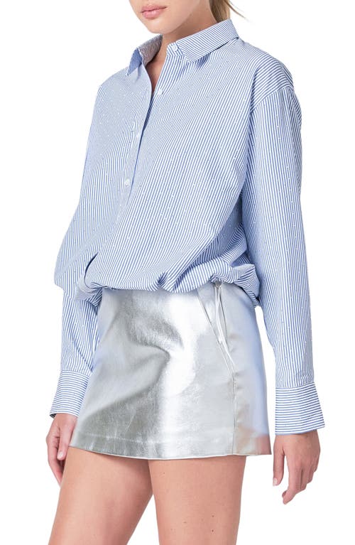 Endless Rose Rhinestone Elastic Waist Button-up Shirt In Navy/white
