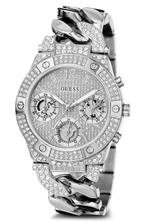 GUESS Multifunction Crystal Pavé Curb Chain Bracelet Watch, 36mm in Silver/silver/silver at Nordstrom
