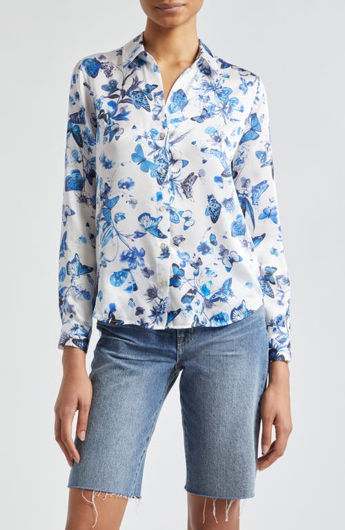 L'AGENCE Tyler Floral Butterfly Print Silk Button-Up Shirt White Butterflies at Nordstrom,