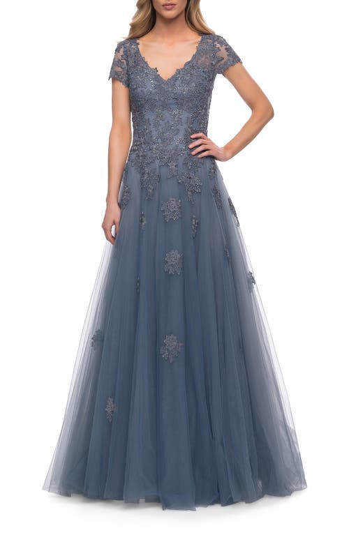 Shop La Femme Tulle A Line Gown With Lace Applique And V Neck In Slate