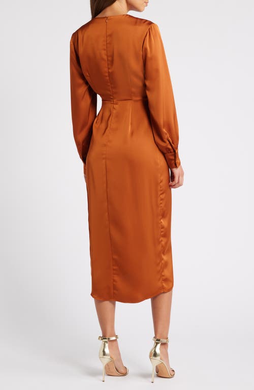 Shop Sam Edelman Fluid Long Sleeve Satin Faux Wrap Midi Dress In Copper