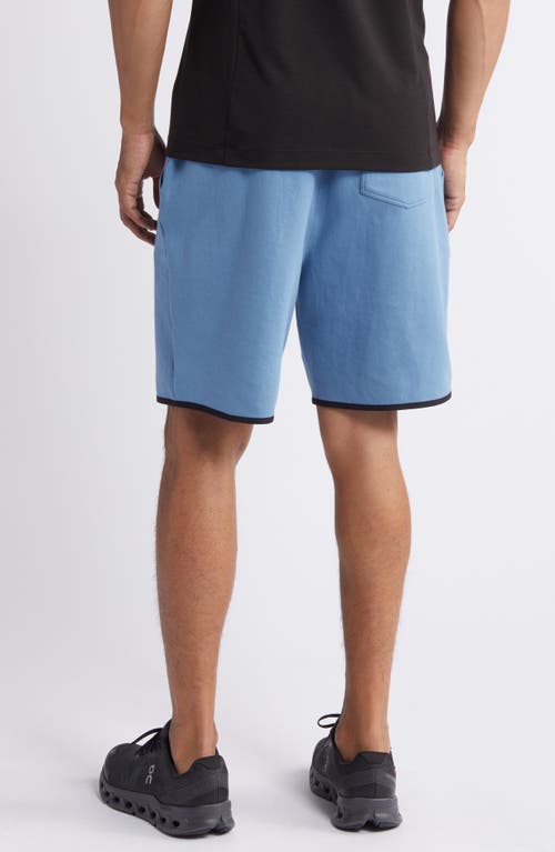 Shop Zella Powertek Stretch Cotton Blend Shorts In Blue Coronet