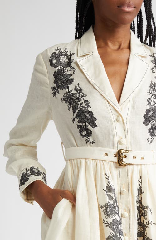 Zimmermann Floral Embroidered Belted Long Sleeve Linen Shirtdress In Cream Floral
