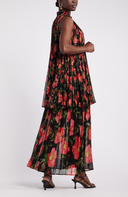 Nordstrom X Harlem's Fashion Row Harbison Floral Long Sleeve Pleat Maxi Dress In Black- Red Poppy Float
