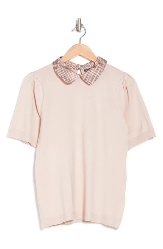 Adrianna Papell Hammered Satin Collar Short Sleeve Sweater In Pearl Blush W/ Octagon Geo