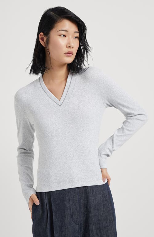 Shop Brunello Cucinelli Stretch Cotton Ribbed Jersey T-shirt With Monili In Silver