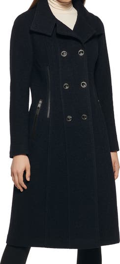 GUESS Removable Faux Fur Collar Wool Blend Double Breasted Walker Coat ...