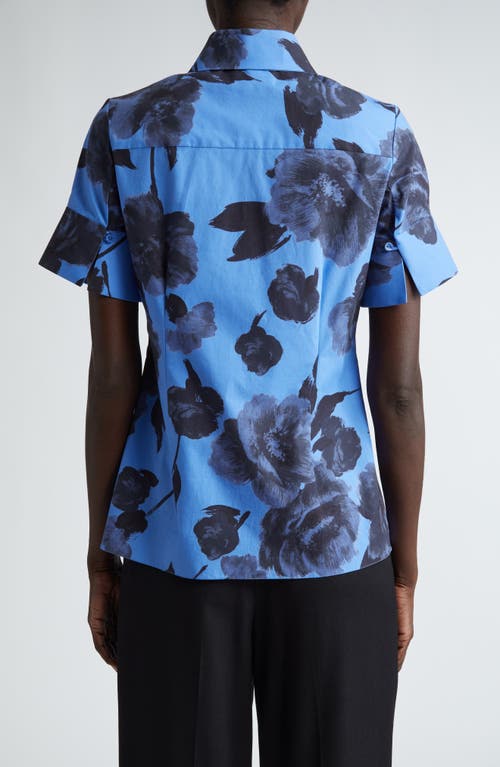 Shop Erdem Floral Short Sleeve Cotton Poplin Button-up Shirt In Lupin Blue