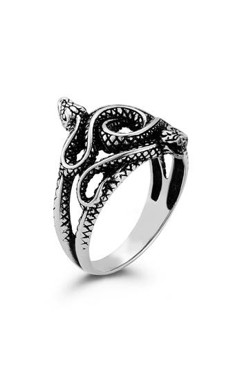 Yield Of Men Sterling Silver Antiqued Snake Ring In Silver