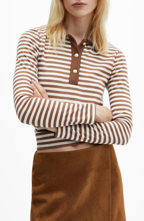 Shop Mango Stripe Long Sleeve Polo In Brown